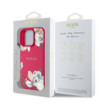 Apple iPhone 16 Pro Max Kılıf Guess Orjinal Lisanslı M-safe Şarj Özellikli Taneli Çiçek Tasarımlı Metal Yazı Logolu Kapak