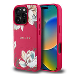 Apple iPhone 16 Pro Max Kılıf Guess Orjinal Lisanslı M-safe Şarj Özellikli Taneli Çiçek Tasarımlı Metal Yazı Logolu Kapak
