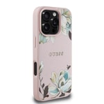 Apple iPhone 16 Pro Max Kılıf Guess Orjinal Lisanslı M-safe Şarj Özellikli Taneli Çiçek Tasarımlı Metal Yazı Logolu Kapak