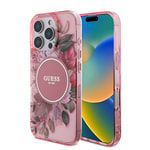 Apple iPhone 16 Pro Max Kılıf Guess Orjinal Lisanslı M-safe Şarj Özellikli IML Baskılı Çiçek İnci Bileklikli Kapak
