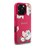 Apple iPhone 16 Pro Max Kılıf Guess Orjinal Lisanslı M-safe Şarj Özellikli Taneli Çiçek Tasarımlı Metal Yazı Logolu Kapak