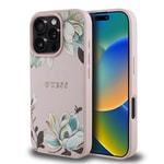 Apple iPhone 16 Pro Max Kılıf Guess Orjinal Lisanslı M-safe Şarj Özellikli Taneli Çiçek Tasarımlı Metal Yazı Logolu Kapak