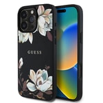 Apple iPhone 16 Pro Max Kılıf Guess Orjinal Lisanslı M-safe Şarj Özellikli Taneli Çiçek Tasarımlı Metal Yazı Logolu Kapak