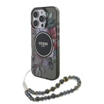 Apple iPhone 16 Pro Max Kılıf Guess Orjinal Lisanslı M-safe Şarj Özellikli IML Baskılı Çiçek İnci Bileklikli Kapak