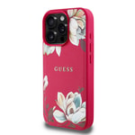 Apple iPhone 16 Pro Max Kılıf Guess Orjinal Lisanslı M-safe Şarj Özellikli Taneli Çiçek Tasarımlı Metal Yazı Logolu Kapak