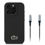 Apple iPhone 16 Pro Max Kılıf Lacoste Orjinal Lisanslı PU Pike Desenli Arka Yüzey İkonik Timsah Dokuma Logolu Kapak + Type-C Kablo 1.5m