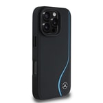 Apple iPhone 16 Pro Max Kılıf Mercedes Benz Orjinal Lisanslı M-safe Şarj Özellikli 3D Metal Logolu Mavi Dikey Eğri Çizgili Deri Kapak
