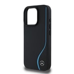 Apple iPhone 16 Pro Max Kılıf Mercedes Benz Orjinal Lisanslı M-safe Şarj Özellikli 3D Metal Logolu Mavi Dikey Eğri Çizgili Deri Kapak
