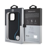 Apple iPhone 16 Pro Max Kılıf Mercedes Benz Orjinal Lisanslı M-safe Şarj Özellikli 3D Metal Logolu Mavi Dikey Eğri Çizgili Deri Kapak