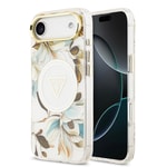 Apple iPhone 17 Air Kılıf Guess Orjinal Lisanslı M-safe Şarj Özellikli Simli Çiçek Desenli Metal Kamera Çerçeveli Üçgen Logolu Kapak