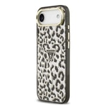 Apple iPhone 17 Air Kılıf Guess Orjinal Lisanslı M-safe Şarj Özellikli Üçgen Logolu Simli Leopar Desenli Kapak