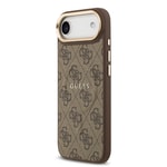 Apple iPhone 17 Air Kılıf Guess Orjinal Lisanslı M-safe Şarj Özellikli Gold Metal Kamera Çerçeveli PU Deri 4G Desenli Yazı Logolu Kapak