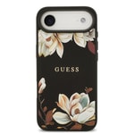 Apple iPhone 17 Air Kılıf Guess Orjinal Lisanslı M-safe Şarj Özellikli Taneli Çiçek Tasarımlı Metal Yazı Logolu Kapak