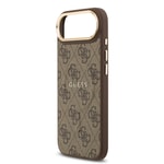 Apple iPhone 17 Air Kılıf Guess Orjinal Lisanslı M-safe Şarj Özellikli Gold Metal Kamera Çerçeveli PU Deri 4G Desenli Yazı Logolu Kapak