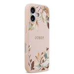 Apple iPhone 17 Kılıf Guess Orjinal Lisanslı M-safe Şarj Özellikli Taneli Çiçek Tasarımlı Metal Yazı Logolu Kapak