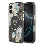 Apple iPhone 17 Kılıf Guess Orjinal Lisanslı M-safe Şarj Özellikli Simli Çiçek Desenli Metal Kamera Çerçeveli Üçgen Logolu Kapak