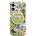 Apple iPhone 17 Kılıf Guess Orjinal Lisanslı M-safe Şarj Özellikli Simli Çiçek Desenli Metal Kamera Çerçeveli Üçgen Logolu Kapak