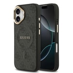 Apple iPhone 17 Kılıf Guess Orjinal Lisanslı M-safe Şarj Özellikli Gold Metal Kamera Çerçeveli PU Deri 4G Desenli Yazı Logolu Kapak