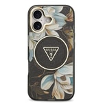 Apple iPhone 17 Kılıf Guess Orjinal Lisanslı M-safe Şarj Özellikli Simli Çiçek Desenli Metal Kamera Çerçeveli Üçgen Logolu Kapak