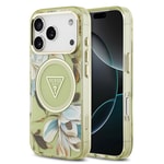 Apple iPhone 17 Pro Kılıf Guess Orjinal Lisanslı M-safe Şarj Özellikli Simli Çiçek Desenli Metal Kamera Çerçeveli Üçgen Logolu Kapak