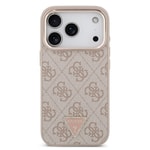 Apple iPhone 17 Pro Kılıf Guess Orjinal Lisanslı M-safe Şarj Özellikli Gold Metal Kamera Çerçeveli Taşlı Üçgen Logo 4G Desenli Kapak