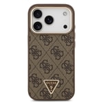 Apple iPhone 17 Pro Kılıf Guess Orjinal Lisanslı M-safe Şarj Özellikli Gold Metal Kamera Çerçeveli Taşlı Üçgen Logo 4G Desenli Kapak