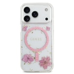 Apple iPhone 17 Pro Kılıf Guess Orjinal Lisanslı M-safe Şarj Özellikli Transparan Resin Flowers Kapak