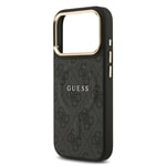 Apple iPhone 17 Pro Kılıf Guess Orjinal Lisanslı M-safe Şarj Özellikli Gold Metal Kamera Çerçeveli PU Deri 4G Desenli Yazı Logolu Kapak