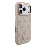 Apple iPhone 17 Pro Kılıf Guess Orjinal Lisanslı M-safe Şarj Özellikli Gold Metal Kamera Çerçeveli Taşlı Üçgen Logo 4G Desenli Kapak