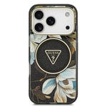 Apple iPhone 17 Pro Kılıf Guess Orjinal Lisanslı M-safe Şarj Özellikli Simli Çiçek Desenli Metal Kamera Çerçeveli Üçgen Logolu Kapak