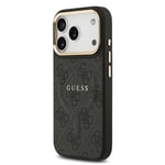 Apple iPhone 17 Pro Kılıf Guess Orjinal Lisanslı M-safe Şarj Özellikli Gold Metal Kamera Çerçeveli PU Deri 4G Desenli Yazı Logolu Kapak