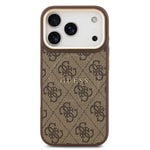 Apple iPhone 17 Pro Kılıf Guess Orjinal Lisanslı M-safe Şarj Özellikli Gold Metal Kamera Çerçeveli PU Deri 4G Desenli Yazı Logolu Kapak