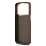 Apple iPhone 17 Pro Kılıf Guess Orjinal Lisanslı M-safe Şarj Özellikli Gold Metal Kamera Çerçeveli PU Deri 4G Desenli Yazı Logolu Kapak