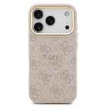 Apple iPhone 17 Pro Kılıf Guess Orjinal Lisanslı M-safe Şarj Özellikli Gold Metal Kamera Çerçeveli PU Deri 4G Desenli Yazı Logolu Kapak