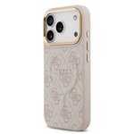 Apple iPhone 17 Pro Kılıf Guess Orjinal Lisanslı M-safe Şarj Özellikli Gold Metal Kamera Çerçeveli PU Deri 4G Desenli Yazı Logolu Kapak