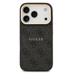 Apple iPhone 17 Pro Kılıf Guess Orjinal Lisanslı M-safe Şarj Özellikli Gold Metal Kamera Çerçeveli PU Deri 4G Desenli Yazı Logolu Kapak
