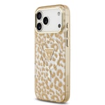 Apple iPhone 17 Pro Max Kılıf Guess Orjinal Lisanslı M-safe Şarj Özellikli Üçgen Logolu Simli Leopar Desenli Kapak