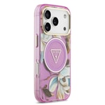 Apple iPhone 17 Pro Max Kılıf Guess Orjinal Lisanslı M-safe Şarj Özellikli Simli Çiçek Desenli Metal Kamera Çerçeveli Üçgen Logolu Kapak