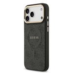 Apple iPhone 17 Pro Max Kılıf Guess Orjinal Lisanslı M-safe Şarj Özellikli Gold Metal Kamera Çerçeveli PU Deri 4G Desenli Yazı Logolu Kapak