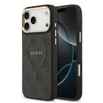 Apple iPhone 17 Pro Max Kılıf Guess Orjinal Lisanslı M-safe Şarj Özellikli Gold Metal Kamera Çerçeveli PU Deri 4G Desenli Yazı Logolu Kapak
