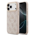 Apple iPhone 17 Pro Max Kılıf Guess Orjinal Lisanslı M-safe Şarj Özellikli Gold Metal Kamera Çerçeveli PU Deri 4G Desenli Yazı Logolu Kapak