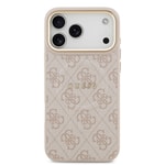 Apple iPhone 17 Pro Max Kılıf Guess Orjinal Lisanslı M-safe Şarj Özellikli Gold Metal Kamera Çerçeveli PU Deri 4G Desenli Yazı Logolu Kapak