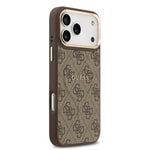 Apple iPhone 17 Pro Max Kılıf Guess Orjinal Lisanslı M-safe Şarj Özellikli Gold Metal Kamera Çerçeveli PU Deri 4G Desenli Yazı Logolu Kapak