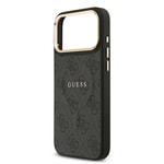 Apple iPhone 17 Pro Max Kılıf Guess Orjinal Lisanslı M-safe Şarj Özellikli Gold Metal Kamera Çerçeveli PU Deri 4G Desenli Yazı Logolu Kapak