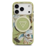 Apple iPhone 17 Pro Max Kılıf Guess Orjinal Lisanslı M-safe Şarj Özellikli Simli Çiçek Desenli Metal Kamera Çerçeveli Üçgen Logolu Kapak