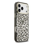 Apple iPhone 17 Pro Max Kılıf Guess Orjinal Lisanslı M-safe Şarj Özellikli Üçgen Logolu Simli Leopar Desenli Kapak