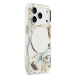 Apple iPhone 17 Pro Max Kılıf Guess Orjinal Lisanslı M-safe Şarj Özellikli Simli Çiçek Desenli Metal Kamera Çerçeveli Üçgen Logolu Kapak