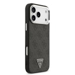 Apple iPhone 17 Pro Max Kılıf Guess Orjinal Lisanslı M-safe Şarj Özellikli Gümüş Metal Kamera Çerçeveli Üçgen Logo 4G Desenli Kapak