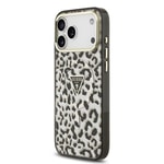 Apple iPhone 17 Pro Max Kılıf Guess Orjinal Lisanslı M-safe Şarj Özellikli Üçgen Logolu Simli Leopar Desenli Kapak