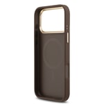 Apple iPhone 17 Pro Max Kılıf Guess Orjinal Lisanslı M-safe Şarj Özellikli Gold Metal Kamera Çerçeveli PU Deri 4G Desenli Yazı Logolu Kapak